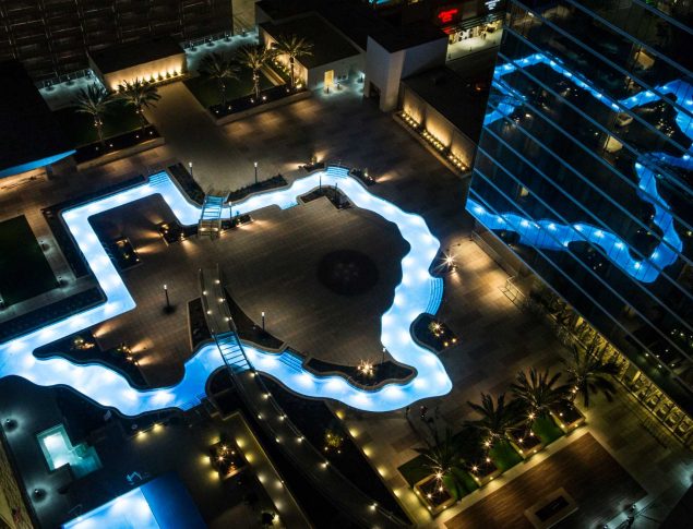 Marriott Marquis Houston Texas shaped lazy river at night