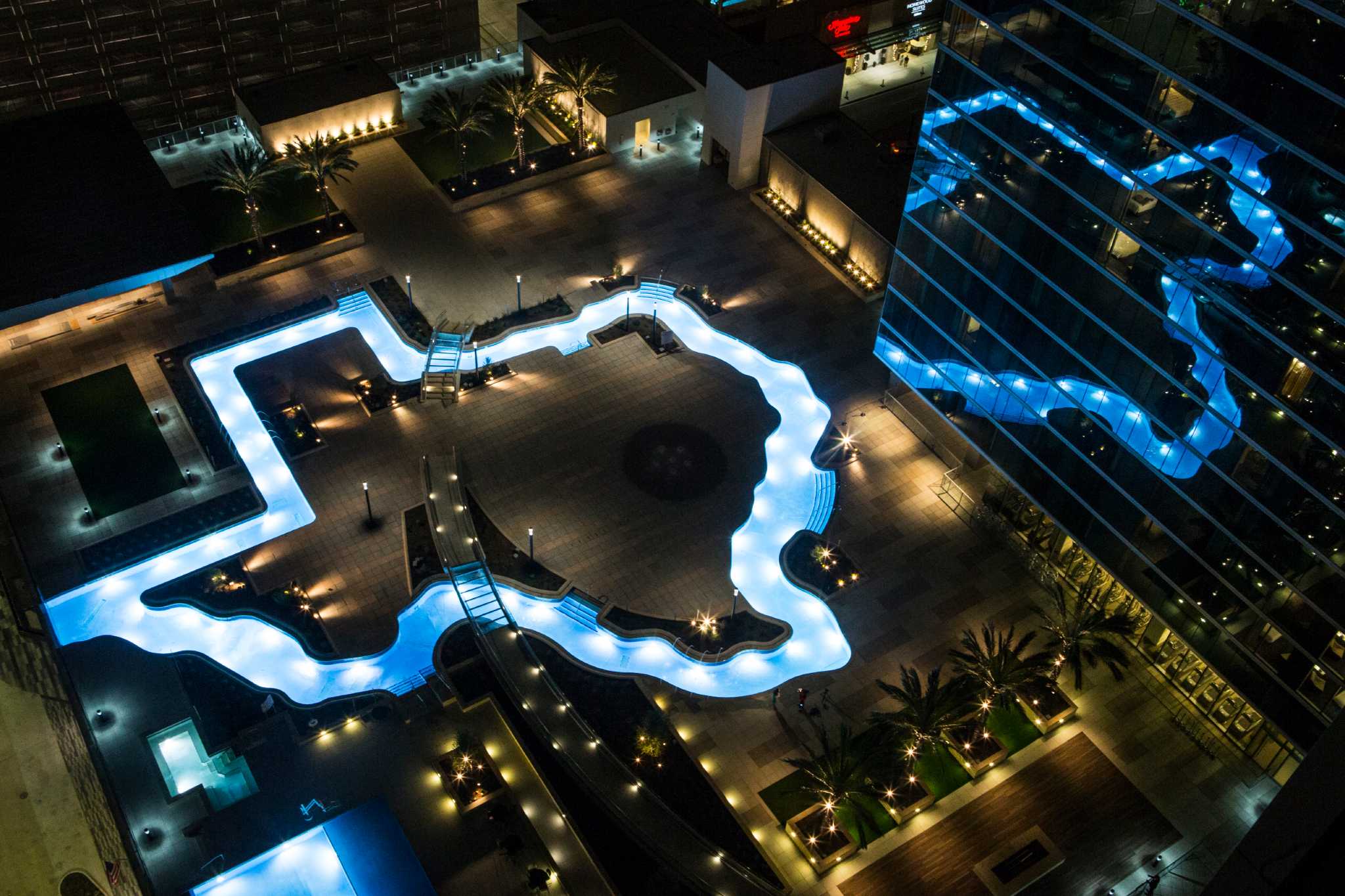 Marriott Marquis Houston Texas shaped lazy river at night